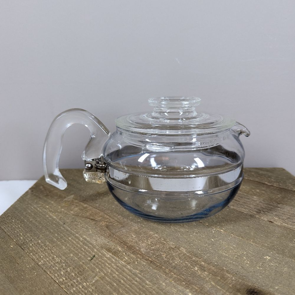 Vintage Pyrex Flameware Glass Teapot 6 Cup 7756 Heat Proof Blue Tint USA Made